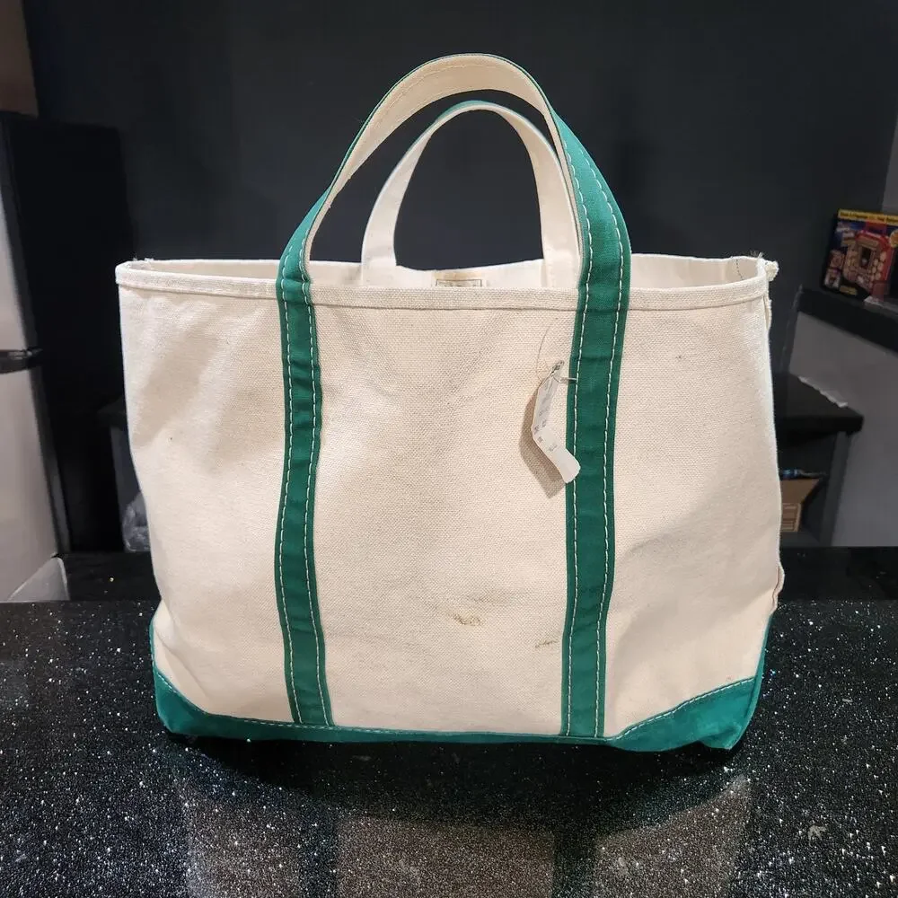 VTG 80s LL Bean Boat &‎ Tote Sawtooth Canvas Bag Ivory Green Trim NWT L Large - Picture 2 of 14